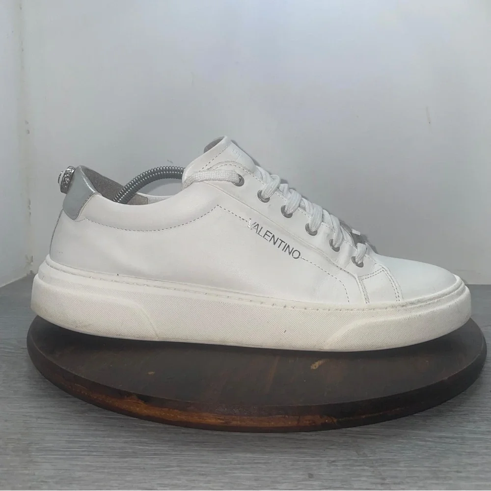 Valentino by Mario Valentino Ronald Logo Leather Sneakers White Sliver Men’s 12